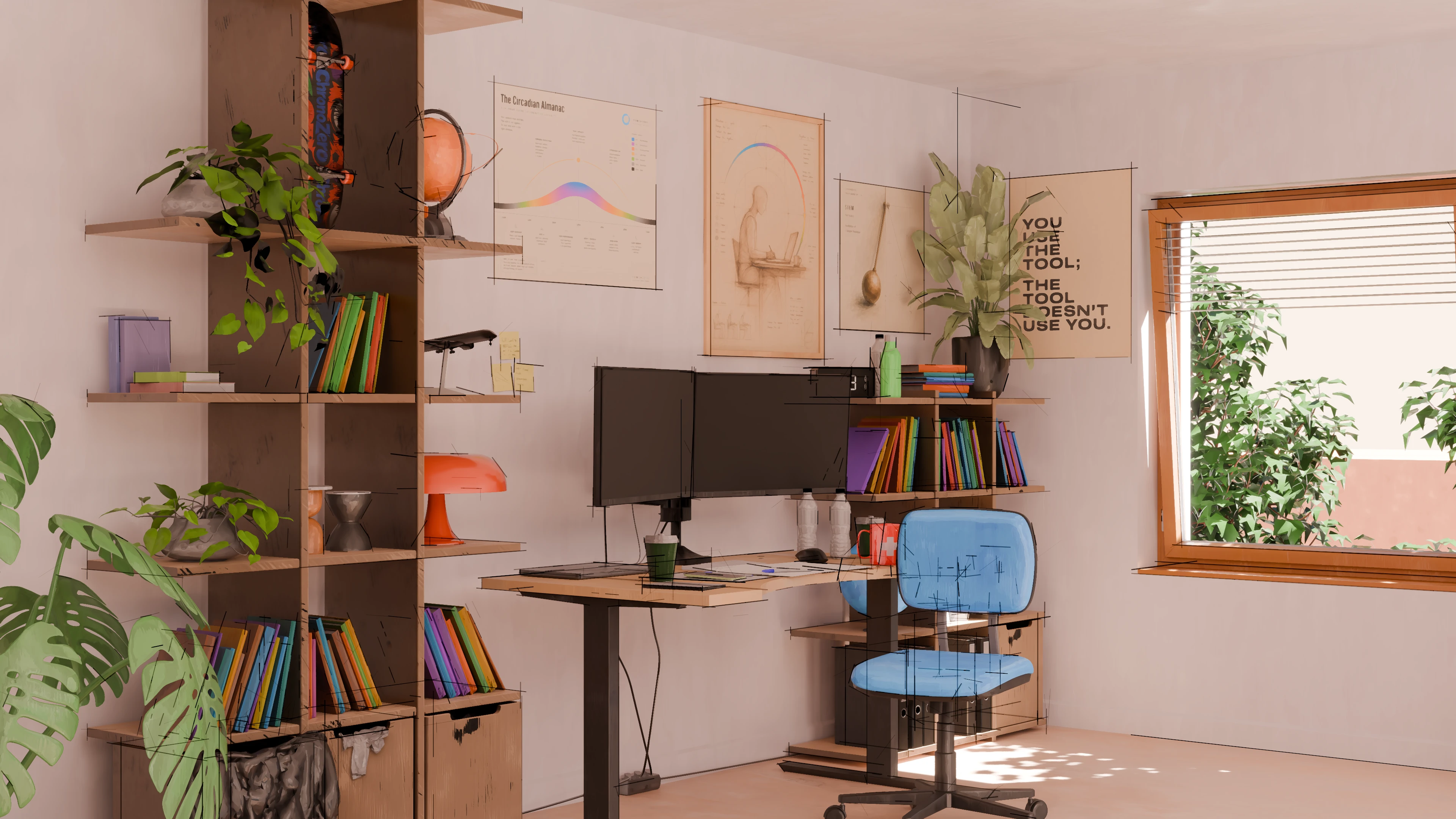 A sunlit study with a drafting-annotated desk, bookshelves, and posters about circadian rhythm