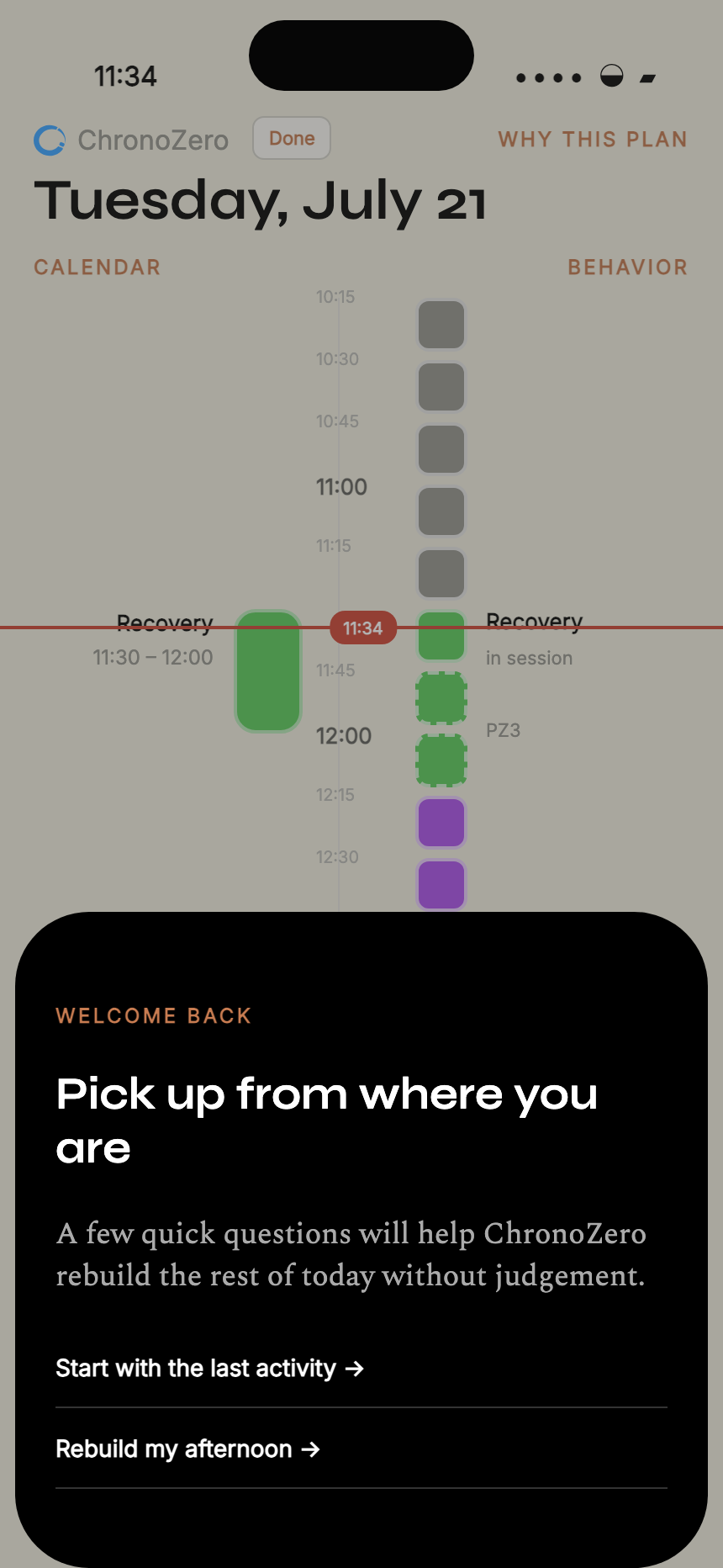 ChronoZero re-entry screen after a timeline gap